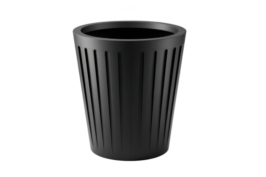 Black, cylindrical trash receptacle with vertical grooves. Empty, on black background