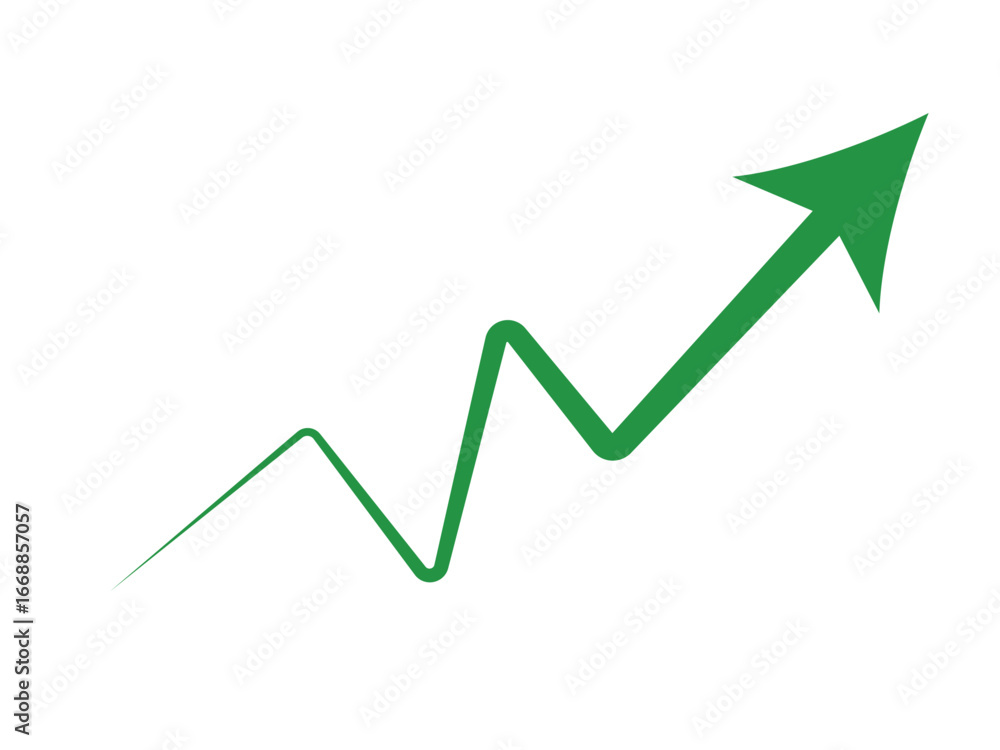 Poster a green arrow graph showing an upward trend with a jagged line indicating progress and growth.