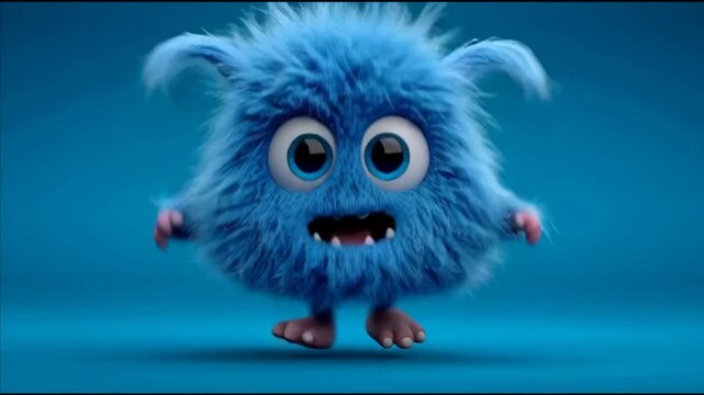 Cute blue furry monster with big eyes on a blue background.