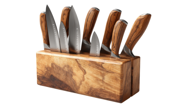 A wooden block knife set, showcasing a collection of knives with varying sizes and shapes, organized neatly in a rectangular wooden block.  The wooden handles are detailed with a wood grain pattern