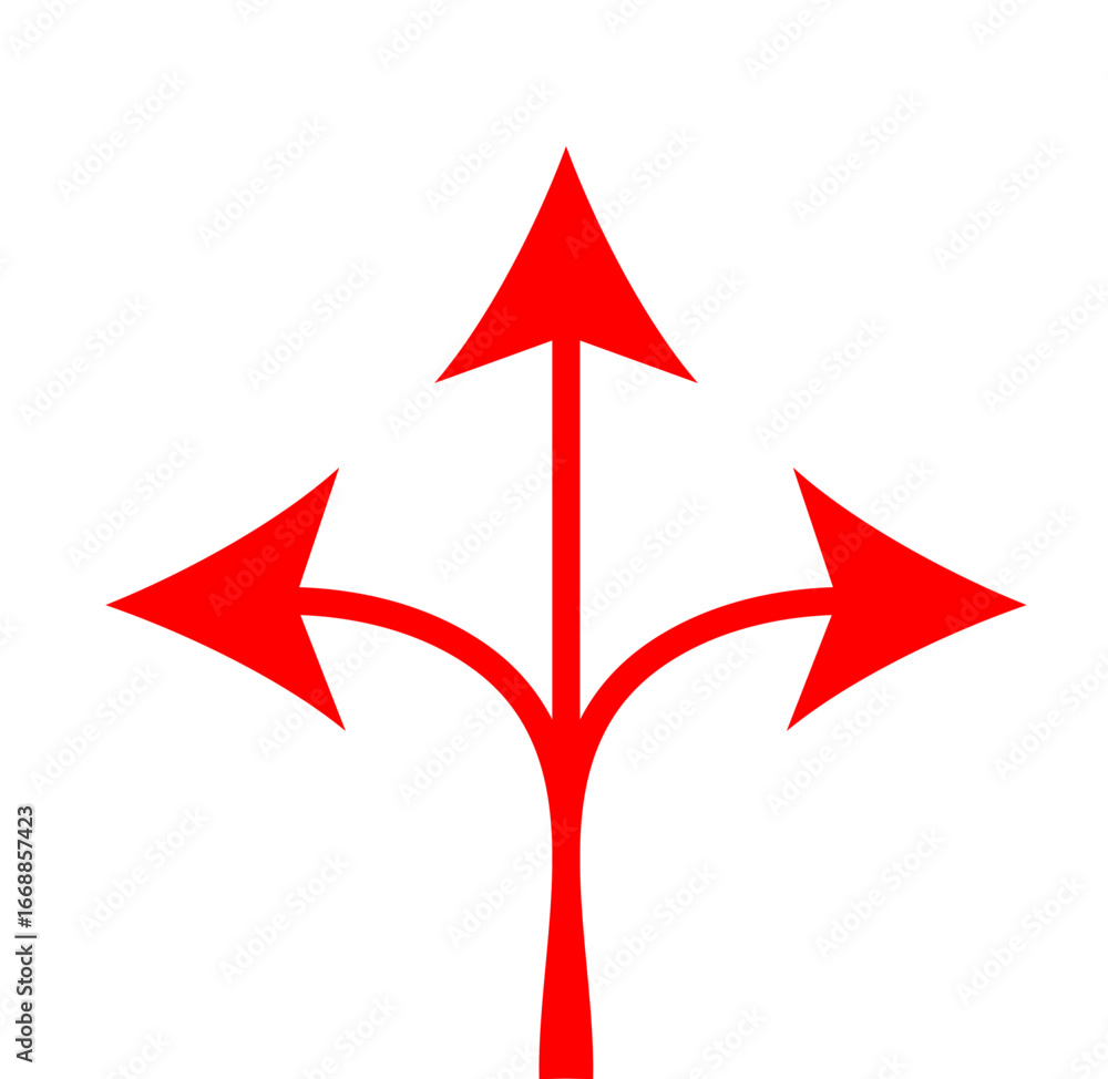 Aufkleber a single red line branches into three distinct red arrows pointing left, up, and right on a white ba