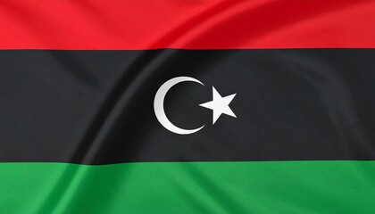"Libyan national flag with horizontal red, black, and green stripes, featuring a central white crescent and star symbolizing Islamic heritage and national sovereignty."