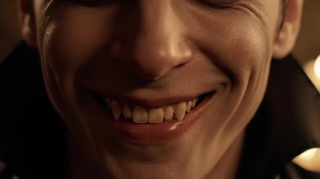 Mysterious Young Person's Mouth with Pointed Teeth Closeup in Dramatic Shadow