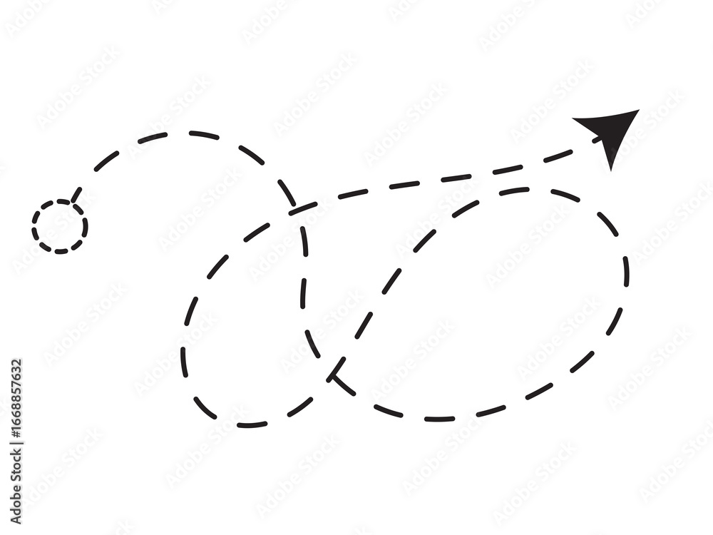 Aufkleber dotted line illustration showing circular and twisting path leading to an arrow aiming forward
