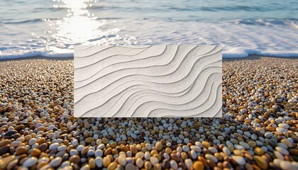 Abstract white wave pattern panel on sandy beach with ocean background  