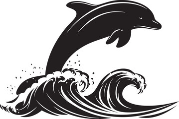 Fototapeta premium Black Silhouette Dolphin Jumping Out Of The Ocean Waves Vector Illustration