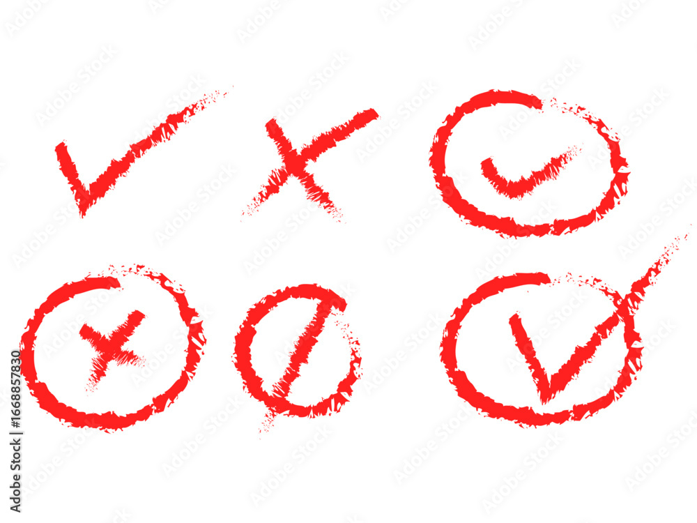 Poster a set of hand-drawn red checkmarks, crosses, and circles representing concepts of approval and rejec