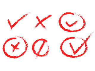 A set of hand-drawn red checkmarks, crosses, and circles representing concepts of approval and rejection.