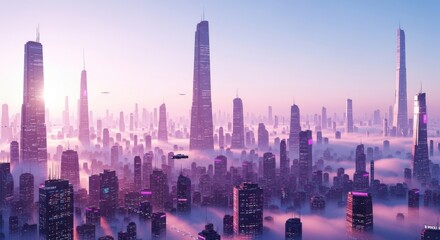Futuristic cityscape at sunrise with towering skyscrapers veiled in mist