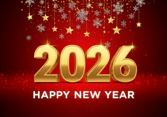 3d gold 2026 happy new year in red background and new year decorations