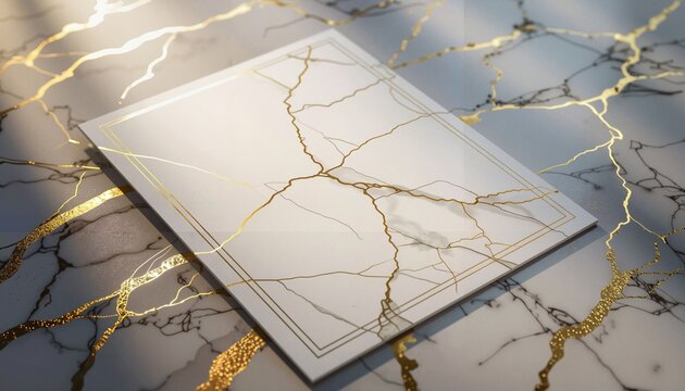 Elegant blank stationery on marble background with gold accents  
