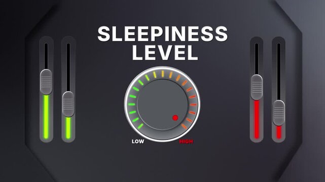 Animation of Sleepiness level on a circular gauge moving from low to high and back. Can be used to show increase or decrease. Perfect for health, fitness, or data content.