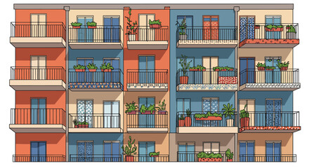 Stylized Apartment Building with Balconies and Colorful Facades in a Urban Style