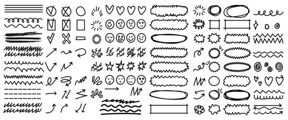 Hand Drawn Doodle Elements Set – Sketch Line Arrows, Hearts, Stars and Decorative Symbols Vector