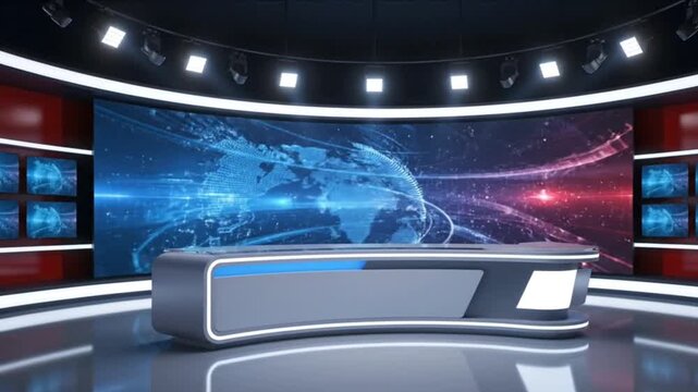A 3D animated video of a virtual news studio with a global map on the main screen and two smaller screens on the sides.