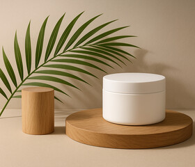 Minimalist Cream Jar Display with Wooden Accents and Tropical Leaf Backdrop for Beauty Product Presentation
