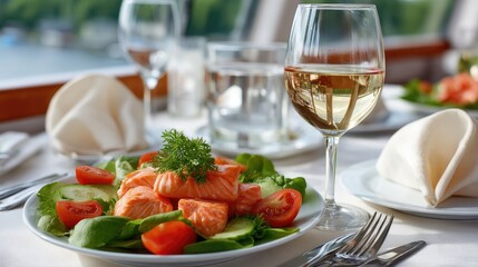 Grilled salmon accompanied by a vibrant salad and a glass of white wine, set in an inviting and bright dining area