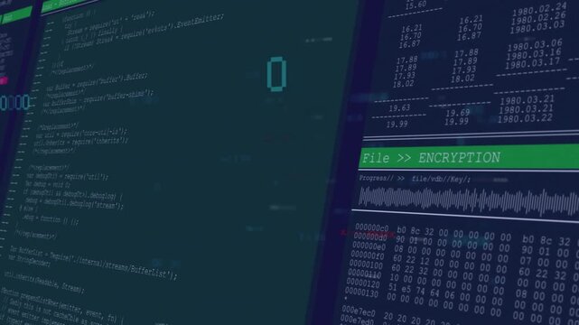 Initiating glitch overlay dual-panel interface sliding in code scrolling encryption panels updating