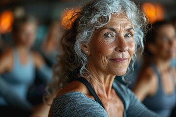 Smiling older woman exercises in a fitness class, promoting wellness and strength among peers in a vibrant studio setting