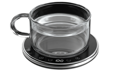 Clear glass mug sits atop a sleek, black heated coaster.  Water fills the mug.  Digital display shows time