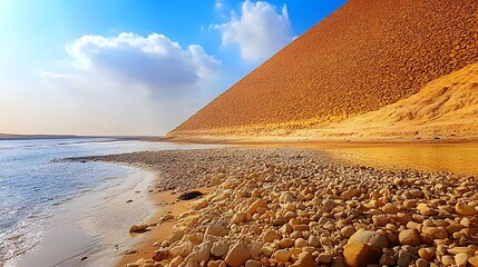 Majestic Pyramid by the Sea,  Rocky Shore and Golden Sands Landscape