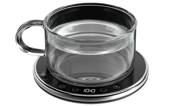 Clear glass mug sits atop a sleek, black heated coaster. Water fills the mug. Digital display shows time