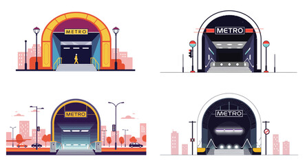 Stylized vector illustration showcasing diverse metro station entrances in city