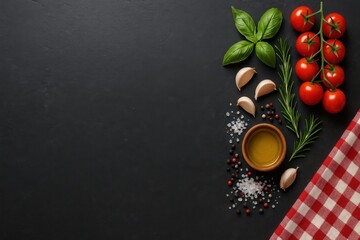 Fresh Tomatoes and Herbs on Dark Slate Kitchen Table Background for Cooking and Food Photography