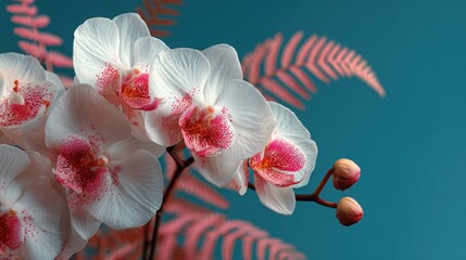 A white and pink flower with red spots is in a vase. The flower is surrounded by a pink leaf