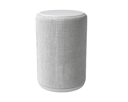 Cylindrical gray speaker with white accents