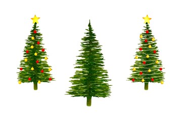 Watercolor illustration of three Christmas trees, one plain and two decorated with ornaments, garlands, and stars, isolated on a white background