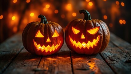 A close-up shot of two carved jack-o-lantern pumpkins with evil grins sitting on a rustic wooden surface against a blurry warm bokeh background. The atmosphere of a Halloween holiday