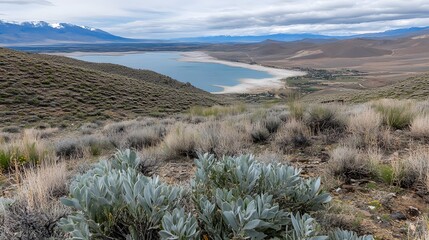 Stunning High-Angle View of Mountain Lake and Desert Landscape