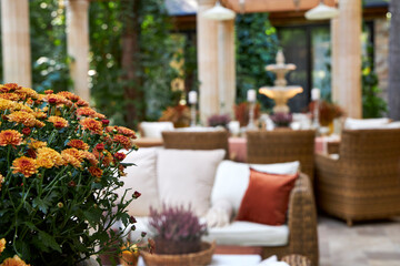 Cozy outdoor patio with wicker furniture, decorative columns, fountain and autumn floral arrangements. Elegant rustic style terrace with natural light and warm seasonal atmosphere