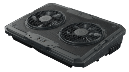 Dark gray, flat, rectangular device with dual cooling fans