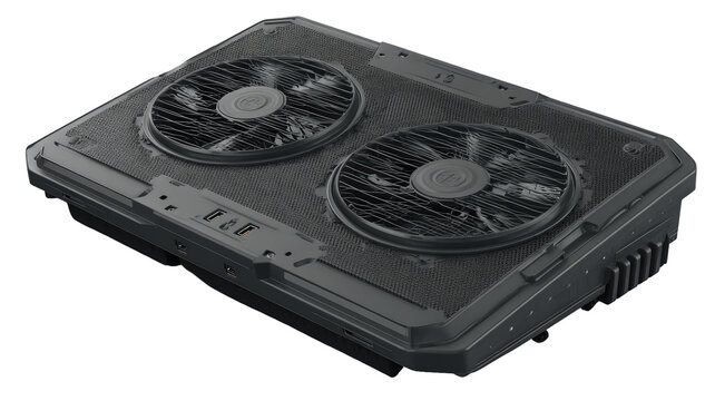 Dark gray, flat, rectangular device with dual cooling fans