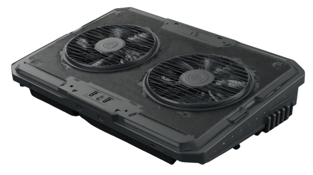 Dark gray, flat, rectangular device with dual cooling fans