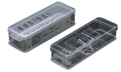 Two clear plastic cases, likely for electronics, are shown in a 3D rendering.  One case is slightly overlapping the other,  both are rectangular and show internal compartments and ports