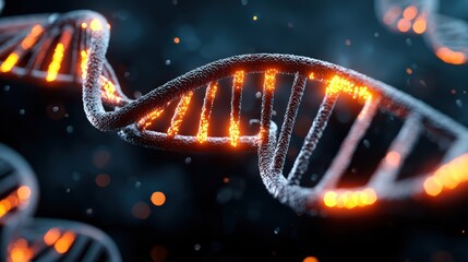 DNA Double Helix Glowing with Orange Light on Blue Background