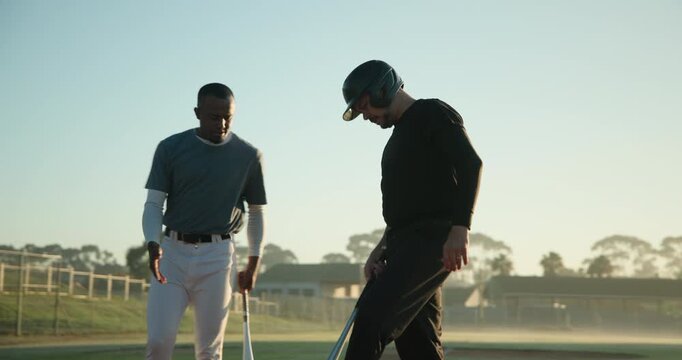 Nodding coach guiding African American player into batting stance at plate for drill shaking hands