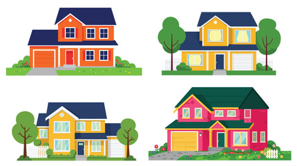 Collection of colorful two-story suburban homes, vector illustration, flat design