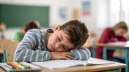 Tired Student Asleep on Desk in Classroom