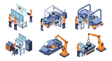 Isometric 3D view illustration of smart car production with robotic arms, engineers using digital interfaces, electric vehicle assembly, battery installation, and quality control manufacture © meeblues