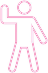 Male pictogram in a standing position with one arm raised and bent, neon outline design.