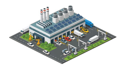 Isometric 3D view illustration of modern car manufacturing plant with robotic arms, solar panels, automated production lines, and vehicles being assembled, symbolizing automotive industry innovation