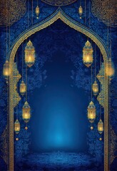 Ornate archway, hanging lamps, dark blue