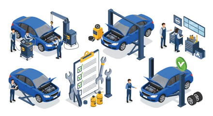 Isometric 3d illustration of car maintenance process with mechanics repairing vehicles, engine inspection, quality control checklist, and auto service tools for automotive repair and workshop concepts © meeblues