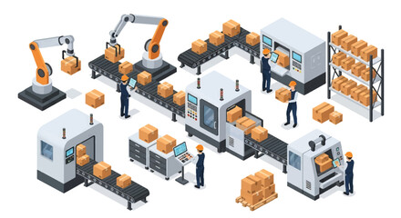 Isometric 3D view illustration of an automated factory with robotic arms, conveyor belts, and workers supervising packaging and logistics, representing modern manufacturing, technology