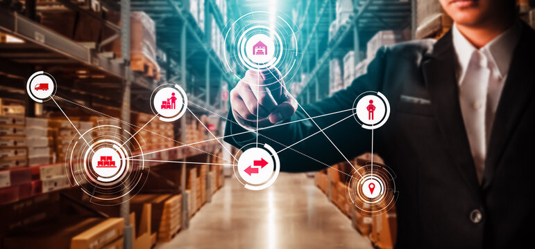 Smart warehouse management system with innovative internet of things technology to identify package picking and delivery . Future concept of supply chain and logistic network business . - Powered by Adobe