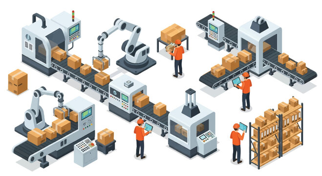 Isometric 3D view illustration of an automated factory with robotic arms, conveyor belts, and workers supervising packaging and logistics, representing modern manufacturing, technology